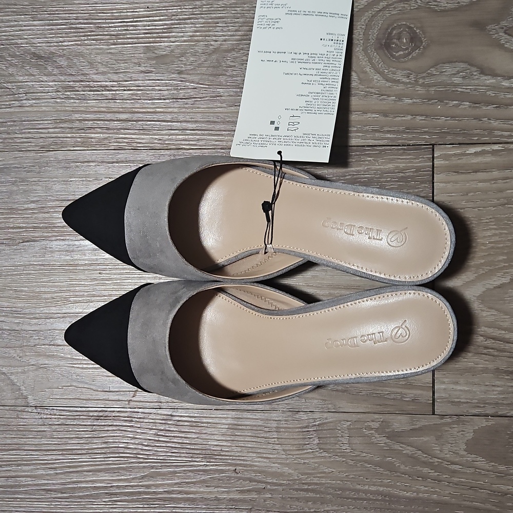 The Drop Paulina Two-Toned Pointed Toe Mule Black Gray Classy Elegant Heels 7
